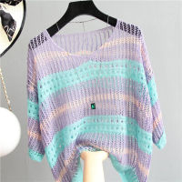 JW (Sale) Color Hollow Stripes 2023 ใหม่เสื้อถักขนาดใหญ่ผู้หญิงสไตล์ Retro หลวม Pullover บาง Smock ครีมกันแดดเสื้อผ้า