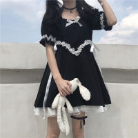 2021 New Kawaii Style Women Princess Dress Black Mini Dresses High Waist Gothic Dress Puff Sleeve Lace Ruffles Party Dresses