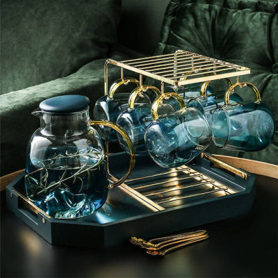 Luxurious Glass Cold Water Jug Set Juice Kettle Teapot With Holder Tray Transparent Large Capacity Heat Resistant Pot Pitcher