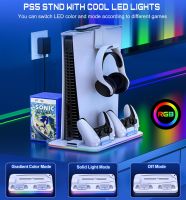 อุปกรณ์เสริมสำหรับเล่นเกมแนวตั้งสำหรับสถานีระบายความร้อน PS5ยืนด้วยแสง RGB พัดลมทำความเย็นที่ชาร์จตัวควบคุมคู่สำหรับ Playstation5