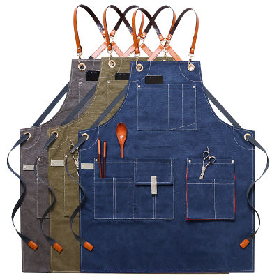 Solid Denim Cafe House Cleaning Bib Cooking Baking Pocket Coffee Pinafore Canvas Apron For Kitchen Accessories Hairdresser Apron