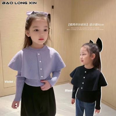 BAOLONGXIN เสื้อผ้าของสาวๆ เสื้อสเวตเตอร์แขนยาวเครื่องแต่งกายสำหรับเด็ก2ชิ้นปลอมจาก เสื้อเด็กสไตล์ต่างชาติใส่ด้านในฉบับภาษาเกาห