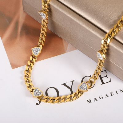 Stainless Steel Cuban Chain Inlay Heart Necklaces For Women Exquisite Clavicle Chain Choker Party Female Jewelry Friendship Gift