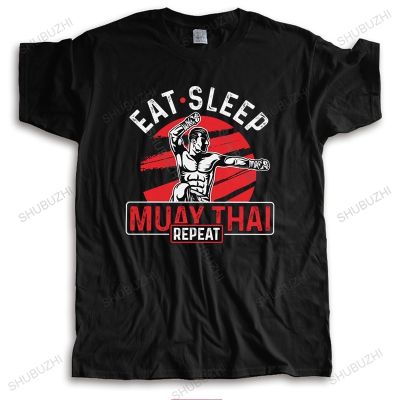 คำแนะนำยอดนิยม Funny Eat Sleep Repeat Muay Thai เสื้อยืดแขนสั้น100% Cotton Tee เสื้อ Kickboxing ไทยมวย Tshirt สินค้าของข
