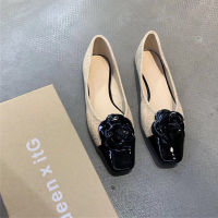 Camellia Flower flats woman patent leather&amp;hemp fabric ins shoes women square toe loafers mixed color soft bottom moccasins