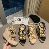 New Arrival October 2023 Women Open Toe PU Fashion Heeled Sandals Party Rivets Wedge Heel Buckle