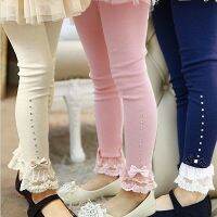 【CC】 to 11T children girls spring autumn lace trim ruffle rhinestone leggings kids princess casual skinny legging clothes