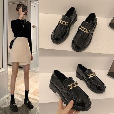∏✢♟ Small leather shoes for women British style 2022 new versatile high-heeled loafers black spring and autumn flat retro single shoes spring