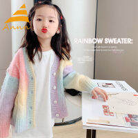 Annn Store เสื้อกันหนาวเด็กผู้หญิงเสื้อสเวตเตอร์ถัก Colorblock Princess Rainbow Sweater