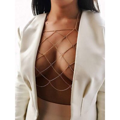 Womens Halterneck Mesh Body Chain Bralette Bikini Bra Necklaces Stomachers（Gold）