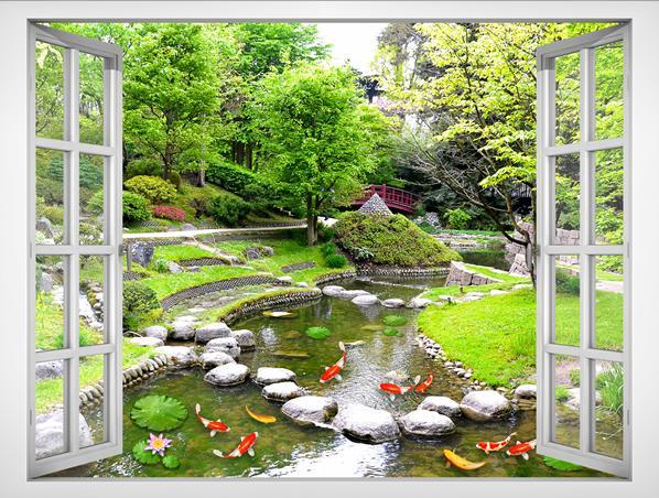 Tranh dán tường cửa sổ cảnh đẹp trang trí phòng khách vườn Nhật - \