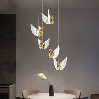 Golden Swan Pendant Lights Acrylic Aluminum Hanging Lamp for Bedroom Bedside Lamp Home Decor Rotating Staircase Swan Lighting