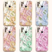 เคสสำหรับ Vivo โทรศัพท์ Y30 Y50สายคล้อง Y30i 1935 1938ดอกไม้สไตล์ภาพวาดสีน้ำมันแบนกรอบเคสนิ่มเคลือบอิเล็คโทรเพลทแบนลายดอกไม้