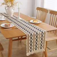 Cotton And Linen Natural Color Table Runner Woven Striped Diamond Lattice Burlap Splicing Bohemian Style Tables Runner With Tassels Dining Table Bucket Cabinet Decoration