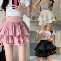 【CC】☂  Plain Color Shorts Skirt for Womens Waist Layer Tiered Pleated Ruffle Short Skort