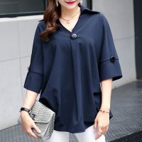 【PLUS SIZE】Women Loose Solid Half Sleeve V-Neck Chiffon Shirt Blouse L-5XL