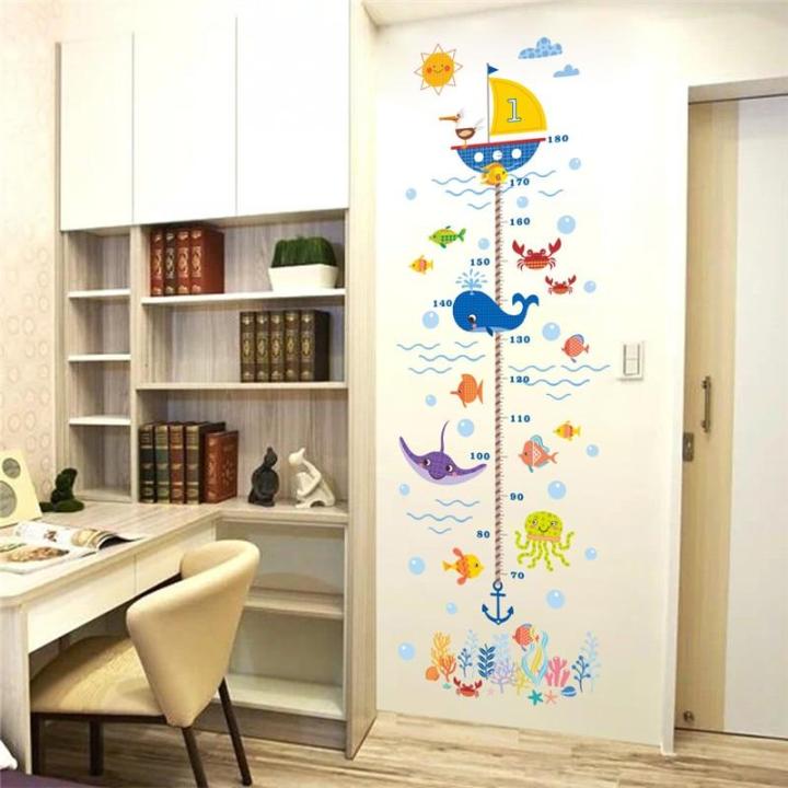 cartoon-shark-fish-boat-height-measure-wall-sticker-for-kids-room-pvc-growth-chart-wall-decals-posters-mural-bathroom-decor