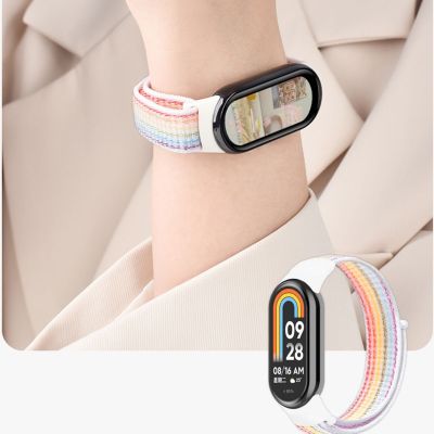 สายรัดไนลอนห่วงระบายอากาศสำหรับ Xiaomi Mi Band 8 สายนาฬิกาข้อมือเปลี่ยนสายรัดข้อมือ Xiaomi Miband8 อุปกรณ์เสริมสร้อยข้อมือ