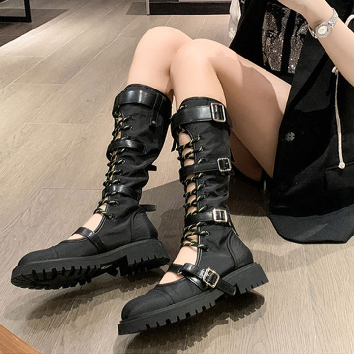 renben-รองเท้าบู้ทรองเท้าบู้ตแบบสตรีทแบบผูกเชือกหนาของผู้หญิง-รองเท้าบูทกลวงหัวเข็มขัดเข็มขัดหล่อสีดำท่อกลางเข่า
