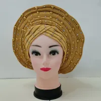 Gold Best Selling Nigerian Gele Headtie Aso Oke Gele Already Made Auto Gele Aso Ebi Headtie African Turban Cap With Colorful Be