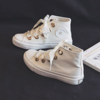 High Top Canvas Shoes Ribbon White Shoes Sneakers Women 2021 New Students Wild Flat Shoes Korean Sport Shoes