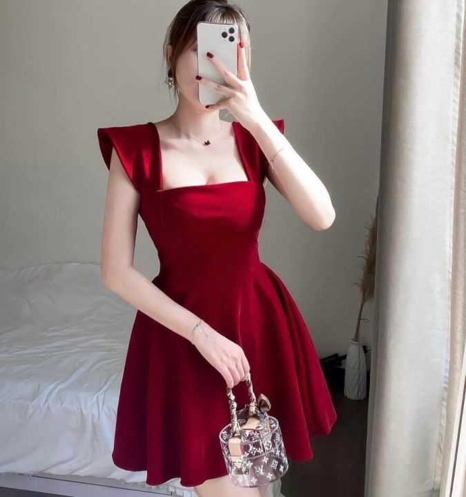 Váy đỏ cổ chéo thiết kế HÀNG LOẠI 1  Đầm dự tiệc nổi bật đám cưới công  sở đi chơi  ẢNH THẬT  MixASale