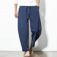 GISU MALL-Cotton and linen nine-point pants mens pants Thai style straight pants casual linen breathable wide-leg pants