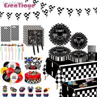 【hot】✐✳  Carro de corrida quadriculado talheres galhardete banner para meninos preto e branco decoração festa aniversário infantil fórmula 1