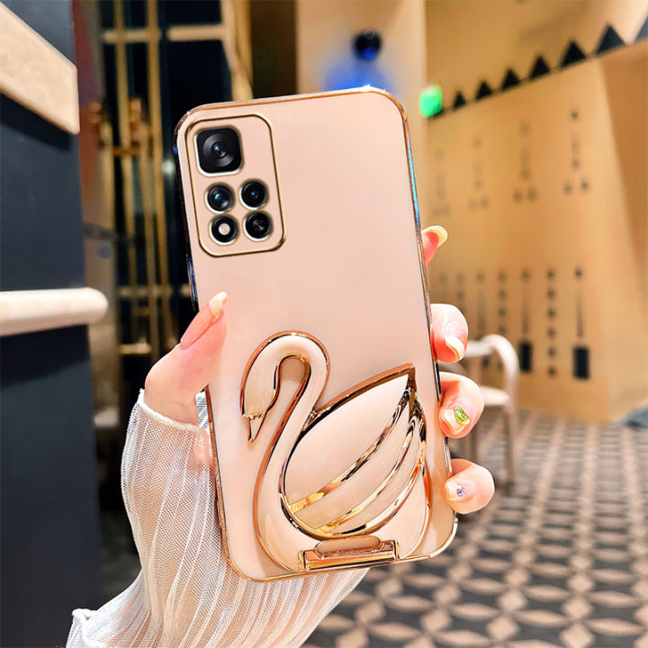 andyh-phone-case-for-xiaomi-poco-m4-pro-5g-case-creative-fashion-luxury-new-3d-swan-retractable-stand-phone-case-premium-simple-solid-color-straight-edge-plating-soft-silicone-shockproof-casing-protec