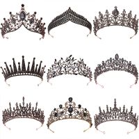 Baroque Vintage Black Crystal Rhinestone Crowns Bride Queen Princess Wedding Hair Accessories Elegant Tiara Diadem Women Jewelry