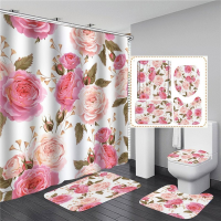 Pink Flowers Rose Elegant Printed Shower Curtain Set Waterproof Women Bathroom Pedestal Rug Lid