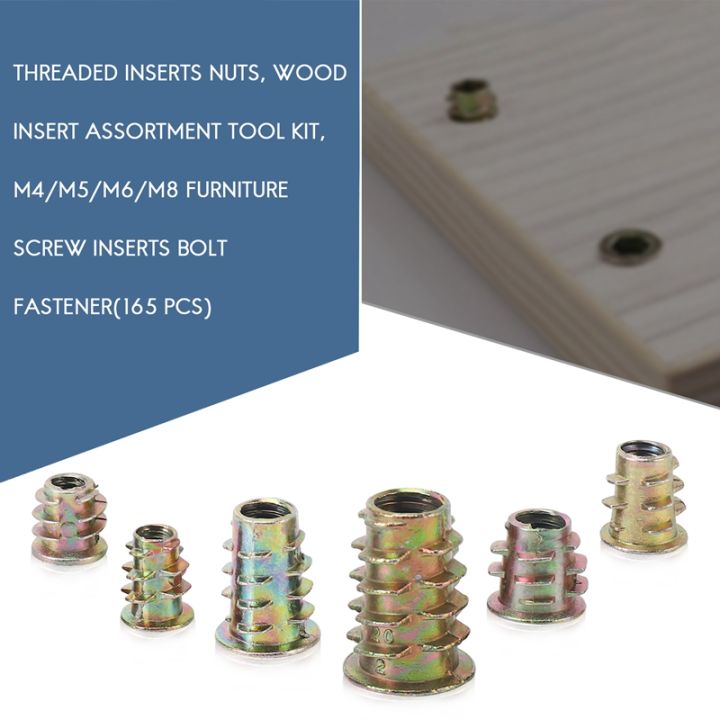 threaded-inserts-nuts-wood-insert-assortment-tool-kit-m4-m5-m6-m8-furniture-screw-inserts-bolt-fastener-165-pcs