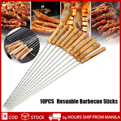 10pcs Outdoor Environmental Friendly Picnic BBQ Barbecue Skewer Roast Stick Stainless Steel Needle Reusable Easy to Clean 