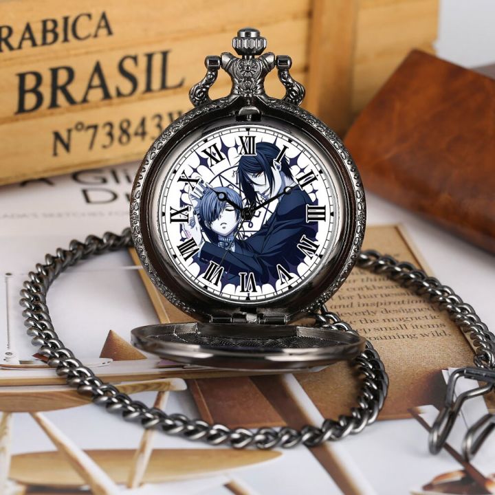 สร้อยรูปการ์ตูนญี่ปุ่นบัตเลอร์สีดำนาฬิกาพกอัลลอยเคสประณีตเลขโรมันแบบทนทานของขวัญที่เหมาะสมที่สุด
