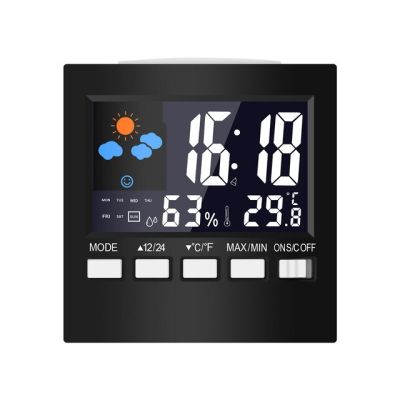 【Worth-Buy】 นาฬิกาปลุกสถานีสภาพอากาศในร่ม/วันที่/สัปดาห์/ปลุก/อุณหภูมิ/ความชื้น/สภาพอากาศ/เลื่อนการแสดงผลหลอดไฟแอลซีดีนาฬิกาตั้งโต๊ะ