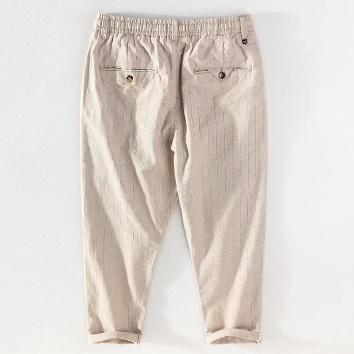 กางเกงลำลองขากว้างลายทางสำหรับผู้ชายกางเกงเอวยางยืดจีนผ้าคอตตอนผ้าคอตตอนขากว้างใส่สบายสำหรับฤดูร้อน