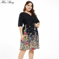 7XL Plus Size Casual Dress Women Summer V Neck Half Sleeve Floral Print Midi Dresses Black High Waist Ladies Tunic Dress