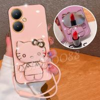 Soft Case สำหรับ VIVO Y78 Y36 Y02A Y02 Y27 5G 4G เคสโทรศัพท์น่ารักกับแมว KT สีชมพูผู้ถือขาตั้งกระจกเชือกมือที่ปลอกโทรศัพท์มือถือ VIVOY27 VIVOY78 VIVOY36