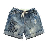 Women Denim short Wide leg Summer Fashion Elastic Waist Drawstring Cowboy Short Embroidered Casual Cat Embroidery