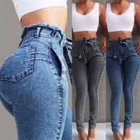 สูงเอวกางเกงยีนส์ผู้หญิง Slim ยืด Denim Jean Bodycon พู่เข็มขัด Skinny Push Up กางเกงยีนส์ผู้หญิงผ้า4XL 5XL