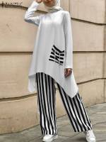 2PCS Vintage Islamic Clothing Ramadan Outifits ZANZEA Fashion Muslim Sets Women Spring Long Sleeve Blouse Striped Pants Suits