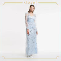 Kloset Maxi Dress With Feather Embellished(AW19-D026) ชุดเดรส ชุดผ้าตาข่าย ชุดเดรสยาว ชุดเดรสแฟชั่น