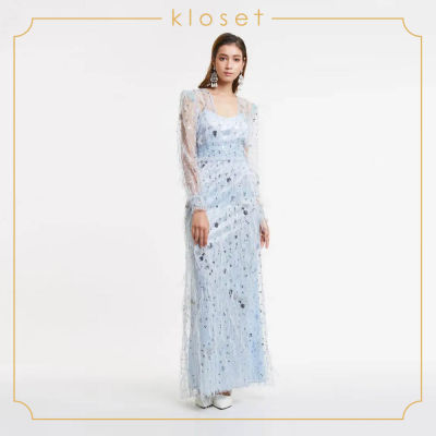 Kloset Maxi Dress With Feather Embellished(AW19-D026) ชุดเดรส ชุดผ้าตาข่าย ชุดเดรสยาว ชุดเดรสแฟชั่น