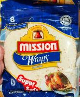 Mission Wraps Original  ตรา มิชชั่นแรพส์  แผ่นแป้งตอติญ่าสำเร็จรูป รสออริจินัล ใช้สำหรับ ห่อเคบับ กะบับ (1ห่อ= 8ชิ้น) น้ำหนัก 360กรัม แผ่นห่อเนื้อสัตว์