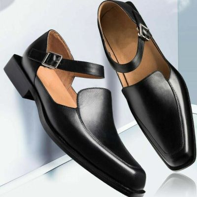รองเท้าชุดเดรสสายรัดหัวเข็มขัดหนัง Pu สำหรับผู้ชายสีดำพร้อมรองเท้าออกงานสำหรับผู้ชายธุรกิจ Gratis Ongkir ใหม่