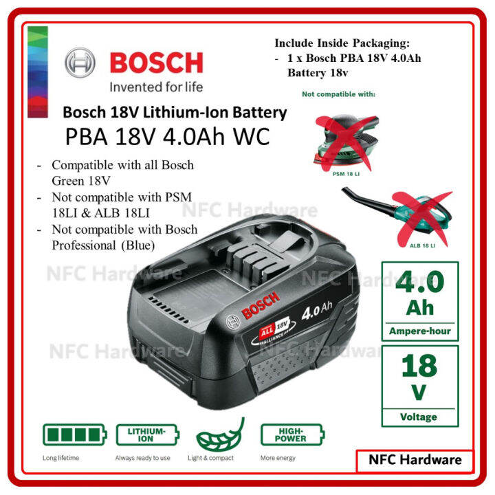 BOSCH Battery Lithium-Ion PBA 18V 4.0Ah WC | Lazada