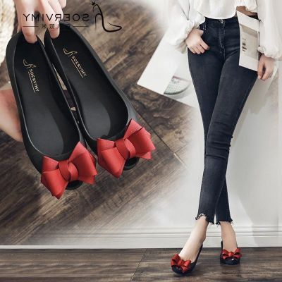 2022 new single han edition contracted bowknot loafers shoes female fish mouth jelly with flat ladies ○