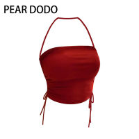 PEAR DODO ชุดว่ายน้ำมีสายคล้องคอเสื้อเปิดไหล่แขนกุดเกาหลีแบบเรียบง่ายเสื้อกล้ามสั้นสำหรับผู้หญิง