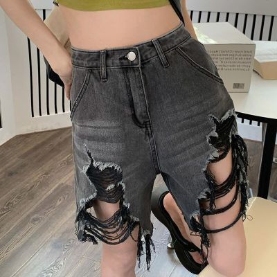 ‘；’ MEXZT S-5Xl Denim Shorts Women High Waist Hole Jeans Shorts Summer Streetwear Korean Vintage Distressed Wide Leg Short Pants New