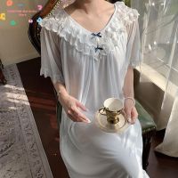 【 WYIN kitchen】 Court Style Mesh Nightgown Romantican Lace V-Neck Sleepshirt Princess Home Dress Women Sweet Nightwear Baggy Nightie Robe Gown